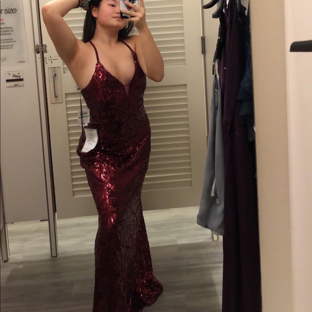 red sequined prom dress